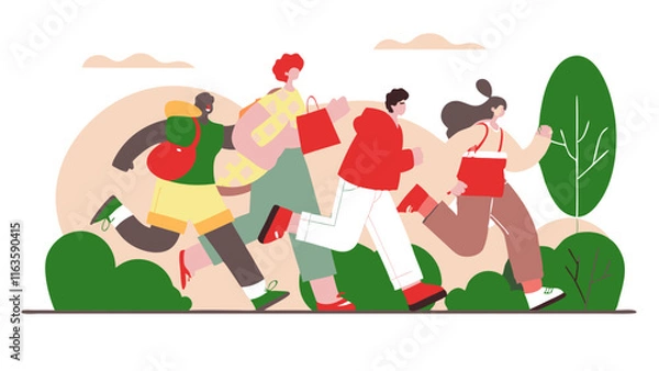 Fototapeta Exciting group of happy people running fast cityscape ai generated art vibrant environment dynamic viewpoint