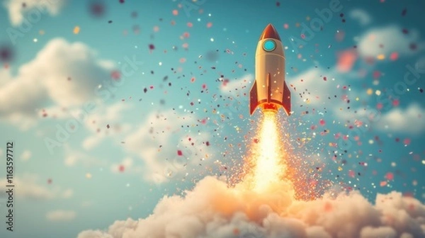 Fototapeta Celebration of exploration as a colorful rocket soars into a bright sky filled with fluffy clouds