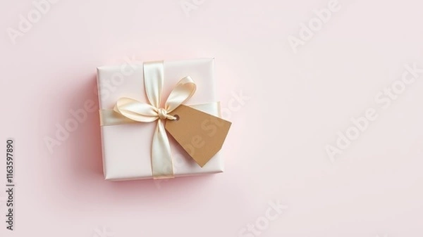 Fototapeta A delicately wrapped gift box with a pale pink hue and a soft beige ribbon, featuring a blank tag