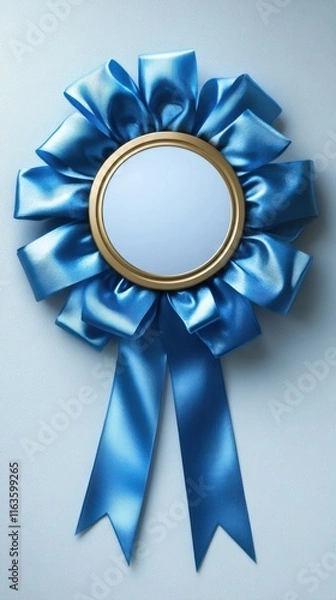Fototapeta Blue ribbon award showcasing elegance and creativity with a round mirror center perfect for recognition celebrations and achievements