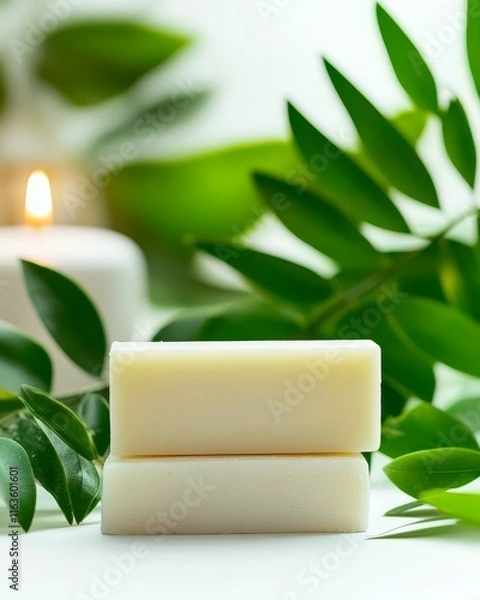 Fototapeta Natural soap bars surrounded by green foliage and a candle, creating a serene and eco-friendly atmosphere for relaxation.