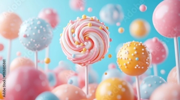 Fototapeta Colorful lollipops dancing in a whimsical candy world filled with sweet treats and joyful delights during a sunny day