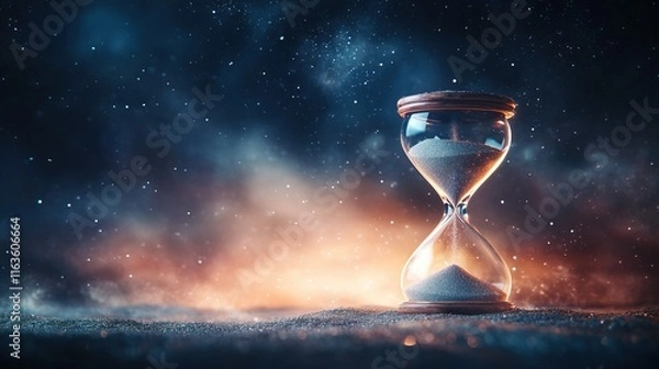 Fototapeta Eternal Sands of Time, a broken hourglass spilling stardust, symbolizing the endless flow and transformation of time into the cosmos