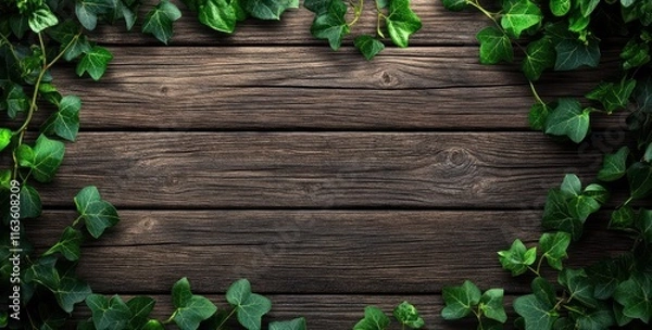 Fototapeta Lush green ivy vines frame rustic dark brown wooden planks, creating a natural border.