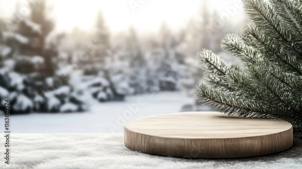 Fototapeta Wooden display platform on snow with blurred winter forest background.
