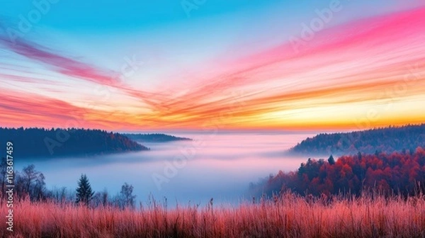 Fototapeta Scenery sightseeing concept. A stunning sunrise over a misty valley surrounded by colorful trees and vibrant skies.