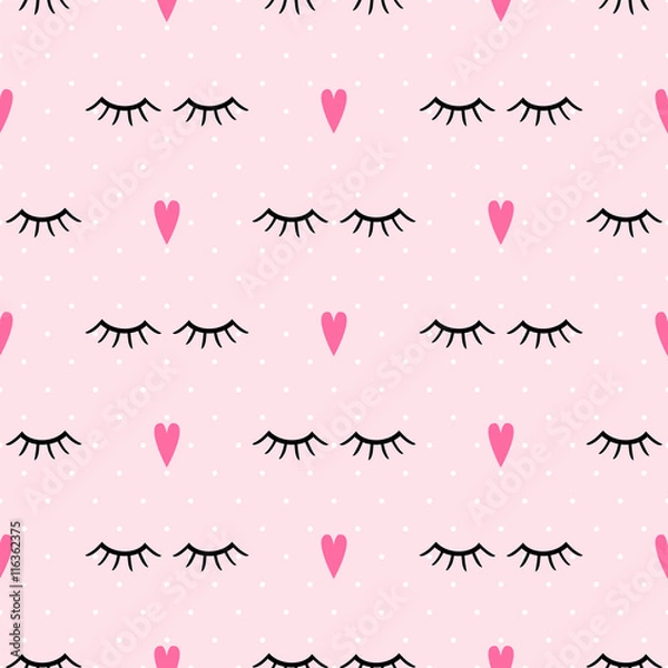 Fototapeta Abstract pattern with closed eyes and pink hearts. Cute eyelashes illustration on polka dot background. Design for textile, wallpaper, web, fabric and decor.