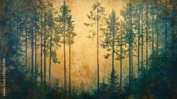 Fototapeta Misty forest scene with tall evergreen trees.  Golden light filtering through the trees.