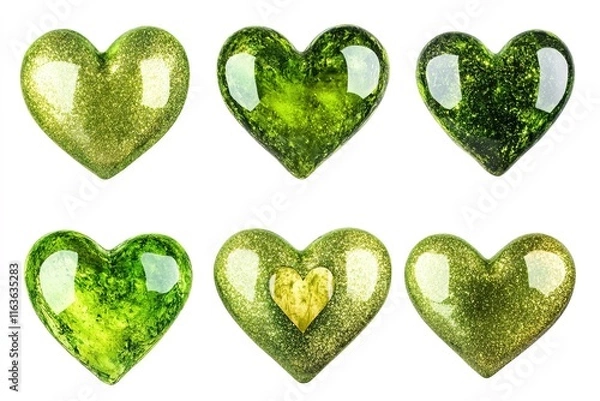 Fototapeta collection of bright green glittering hearts with shimmering texture isolated on white background