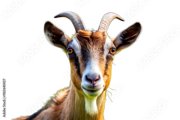 Obraz Portrait of a goat on the background of a mountain landscape. isolated on white background