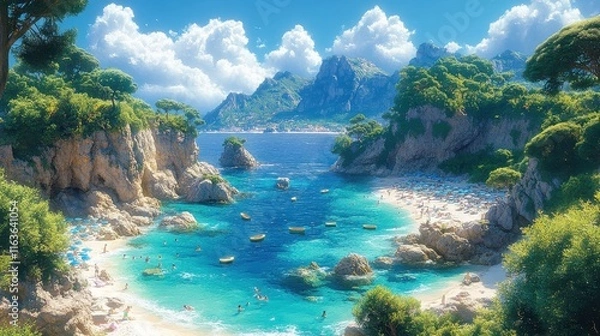 Obraz Serene Animated Beach Scene on the Amalfi Coast in Vibrant Colors