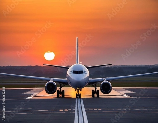 Fototapeta An airplane stands ready for take-off on the airport runway with sunset