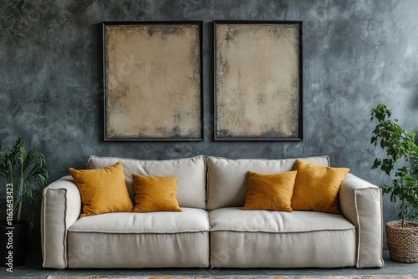 Fototapeta Stylish boucle sofa against concrete wall in minimalist loft inviting interior design modern living space contemporary aesthetic