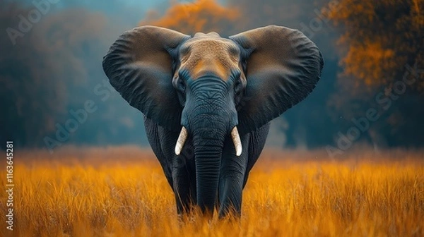 Fototapeta A majestic elephant strides through tall golden grasses, showcasing its large ears in a tranquil evening landscape