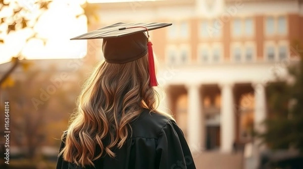 Fototapeta Back view of a graduate with flowing hair, standing outdoors in soft sunlight near a traditional academic building.