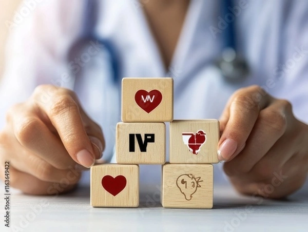 Fototapeta A healthcare professional arranging wooden blocks with medical symbols, symbolizing care and compassion.