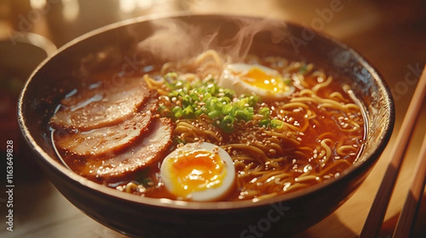 Fototapeta A bowl of ramen in rich broth, topped with soft-boiled eggs, sliced pork, green onions, and sesame seeds. Served in a traditional bowl with chopsticks, illuminated by soft, cozy ambient light.