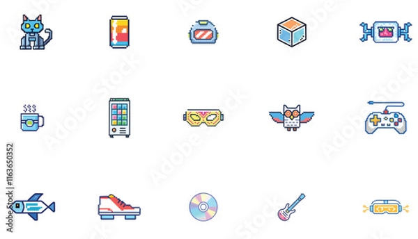 Fototapeta Pixelated Cyberpunk Icon Set for Futuristic Game Themes and Branding, Perfect for UI, Logos, and Visual Enhancements with Vibrant Neon Aesthetic