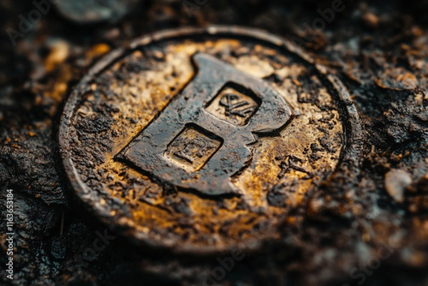 Fototapeta close-up of a weathered coin with a prominent "B" symbol, partially eroded and resting on a rugged, earthy surface. The texture and lighting highlight its aged and corroded state