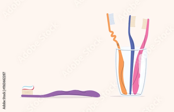 Fototapeta A set of colored toothbrushes with paste and in a glass. Brushes of different shapes for brushing teeth. Oral hygiene. Vector illustration