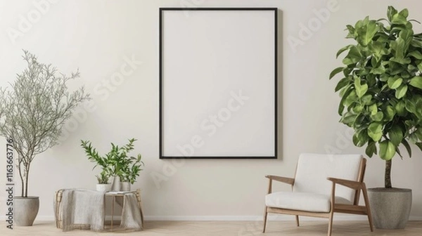 Fototapeta Modern Minimalist Living Room Interior Design with Empty Frame, Plants, and Chair