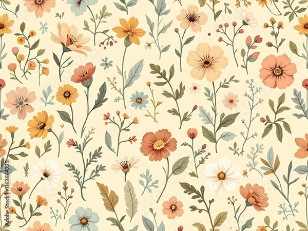Fototapeta Whimsical Blooms: A Seamless Pattern of Earthy Florals on Peach