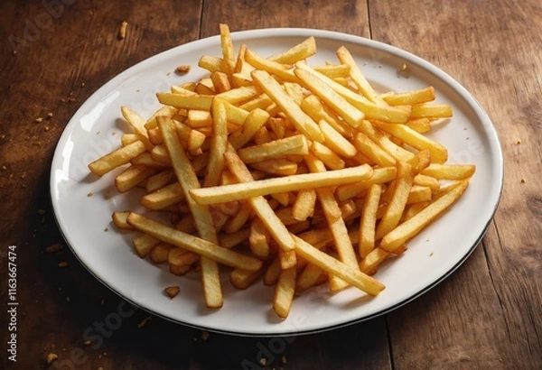 Fototapeta Une assiette de frites sur une table en bois - Generative AI