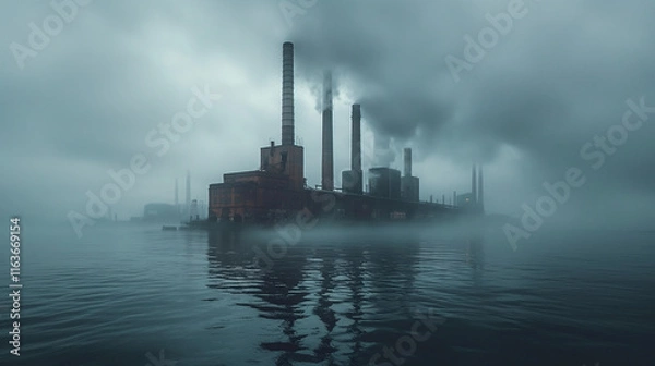 Fototapeta Foggy Industrial River Scene Factory, Smokestacks, Pollution, Mist