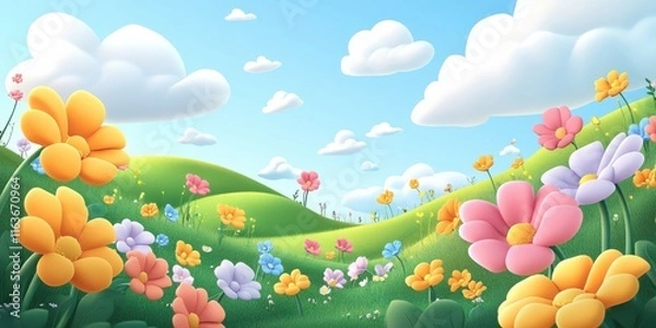 Fototapeta [Cartoon landscape with colorful flowers and winding path] Vibrant Spring Meadow Landscape with Winding Path for Kids Illustration Stock Photo