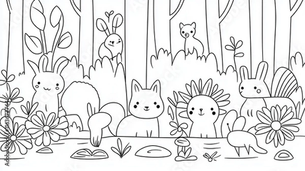 Fototapeta A detailed coloring book illustration of a forest filled with adorable animals, including squirrels, foxes, deer, and owls, surrounded by blooming flowers and tall trees. Add whimsical details 