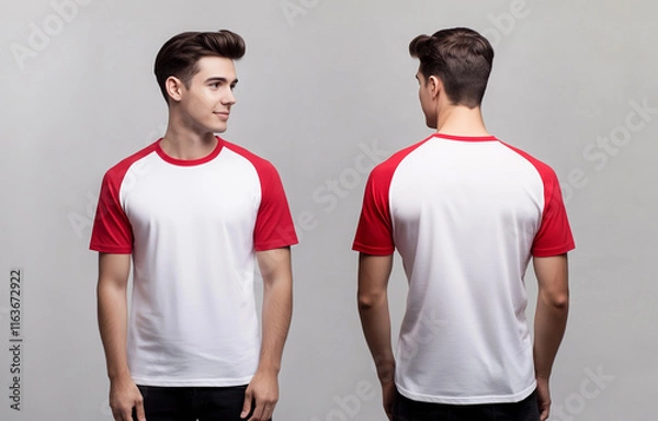 Fototapeta man wearing a white and red short-sleeve raglan t-shirt mockup front and back used as design template