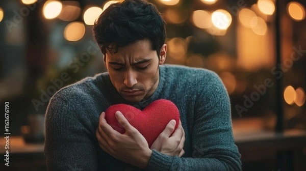 Obraz A young man holding the red heart with sadness and disappointment in love. Feeling of loss, and sorrow in relationship. Dramatic atmosphere.