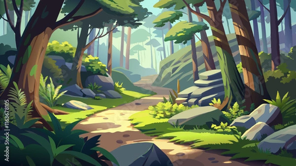 Fototapeta A tranquil forest trail winding past mossy rocks, ferns growing in the shade, and a canopy of trees filtering soft sunlight