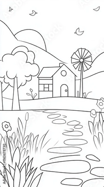 Obraz A serene countryside coloring book design with rolling hills, a windmill turning in the breeze, and a small farmhouse surrounded by trees. Add intricate patterns on the fields, birds flying 