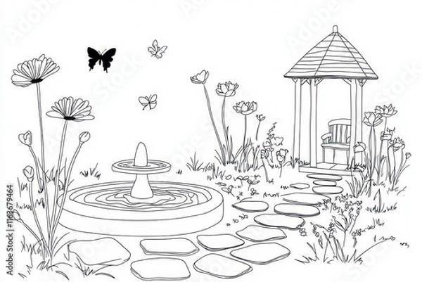 Obraz A tranquil garden coloring book page featuring a fountain surrounded by blooming flowers, butterflies fluttering around, and a stone pathway leading to a gazebo. Include intricate patterns on 
