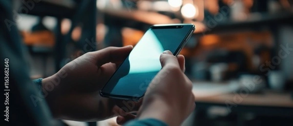 Obraz Person using smartphone in cafe.
