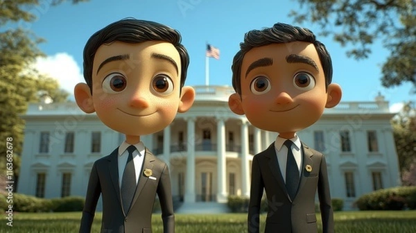 Obraz Animated Characters Visiting the White House in Cartoon Style