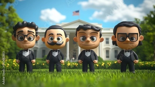 Obraz Animated Characters Visiting the White House in Cartoon Style