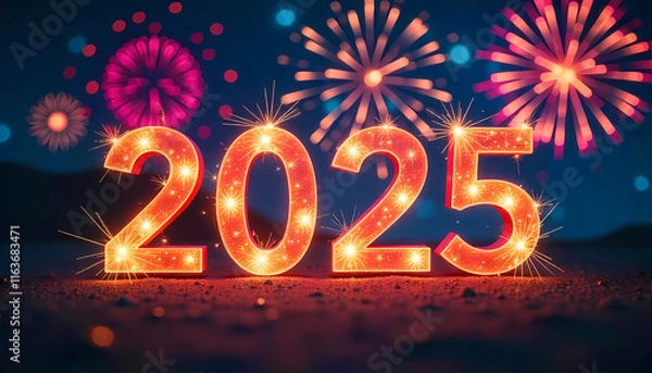 Fototapeta Colorful fireworks with the numbers 2025 made of lights during nighttime