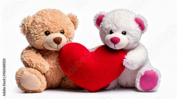 Fototapeta  teddy bears holding a shared plush red heart 