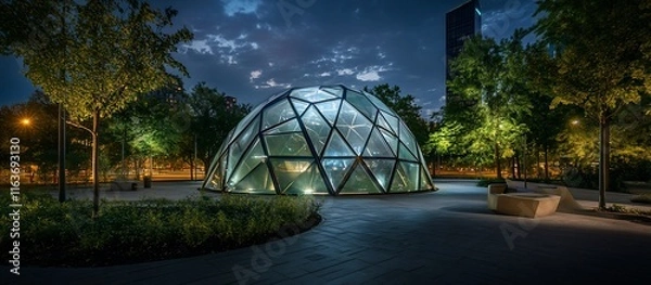 Fototapeta Modern glass dome structure in city park at night.