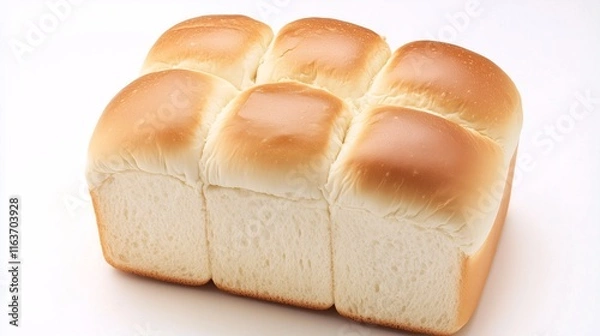 Fototapeta Close-up of soft, fluffy bread loaf with a perfectly golden crust on a white background.