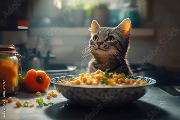 Fototapeta A curious tabby cat watches a bowl of chickpeas in a sunlit kitchen, showcasing vibrant colors and a cozy atmosphere.