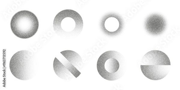 Fototapeta Set of spheres in different variations sand grain effect. Abstract dotwork. Noise gradient. Stipple circles. Dotted spray effect. Dust texture. Halftone vector elements isolated on white background