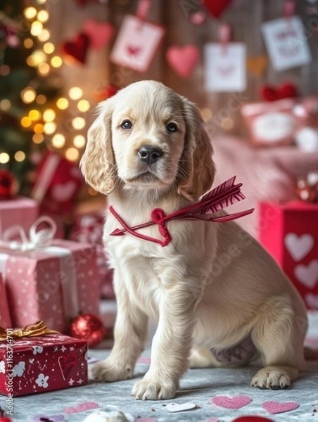 Fototapeta Adorable puppy with cupid's bow and arrow set valentine's day celebration cute animal portrait cozy indoor setting playful vibe