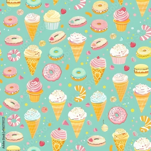 Fototapeta Seamless pattern of ice cream and desserts with cupcakes, cake, chocolate, candy, and sweet treats, perfect for a fun and colorful party or birthday theme