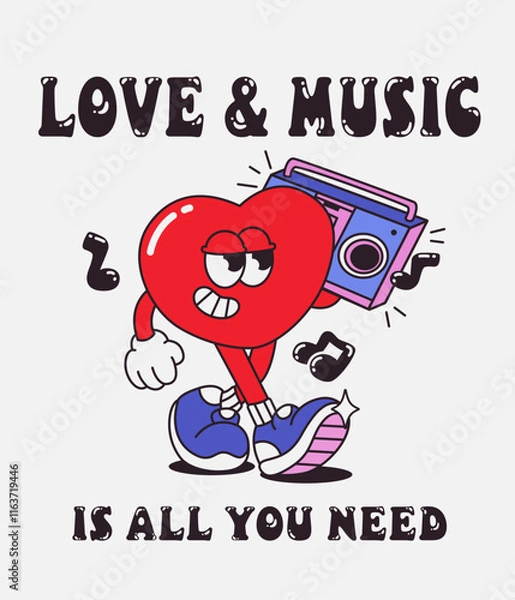 Fototapeta Groovy sticker, poster, print with a cute playful heart with a tape recorder. Love concept. Logo Love and Music. Cheerful happy heart character in trendy retro 70s 80s cartoon style