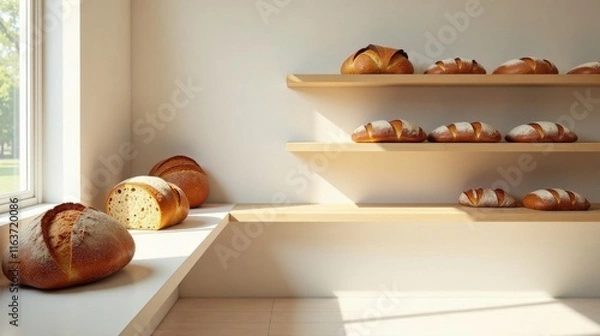 Obraz Sunlit Bakery Display with Artisan Breads on Wooden Shelves