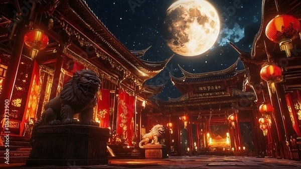 Obraz Decorated Temple with Lion Statues, Red and Gold Banners, and Festive Lanterns