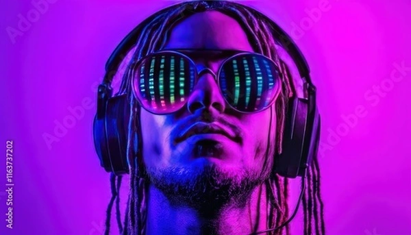 Obraz Stylish man with dreadlocks wearing headphones and LED glasses, illuminated by vibrant purple and pink neon lights.
